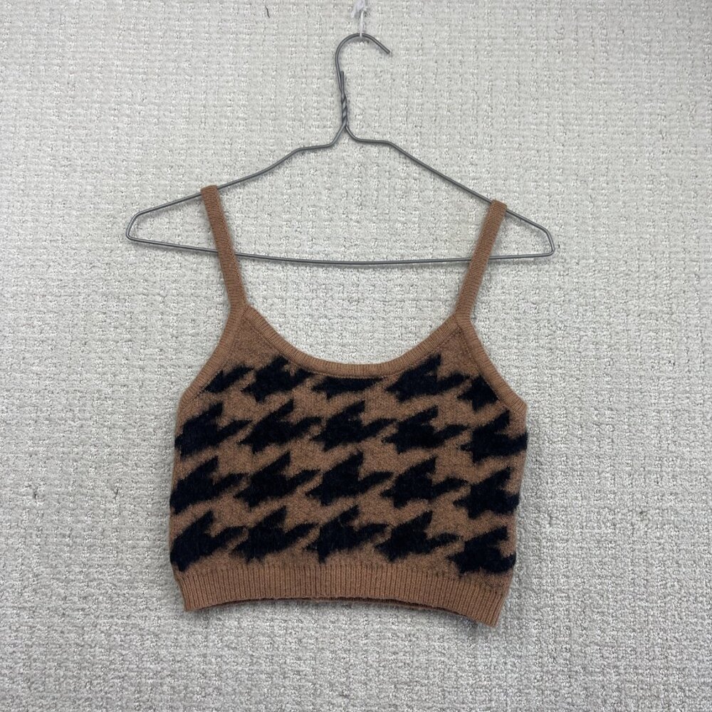 Y2K Forever 21 Black / Beige Houndstooth Knit Cropped Tank Dark Academia Sz M